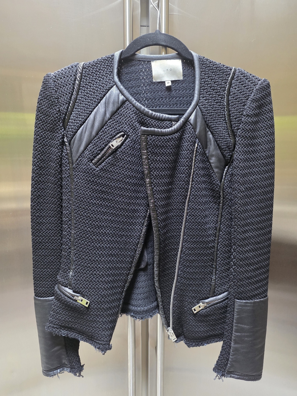 IRO Woven Black Leather-Trim Moto Jacket